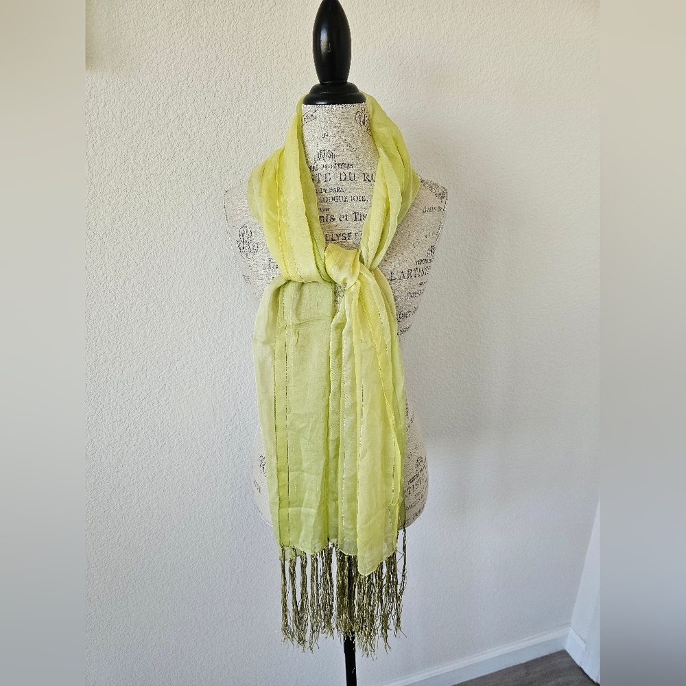 Vintage Italca Italy Lime Green Metallic Stripe Scarf – Rayon Lurex Shimmer Frin